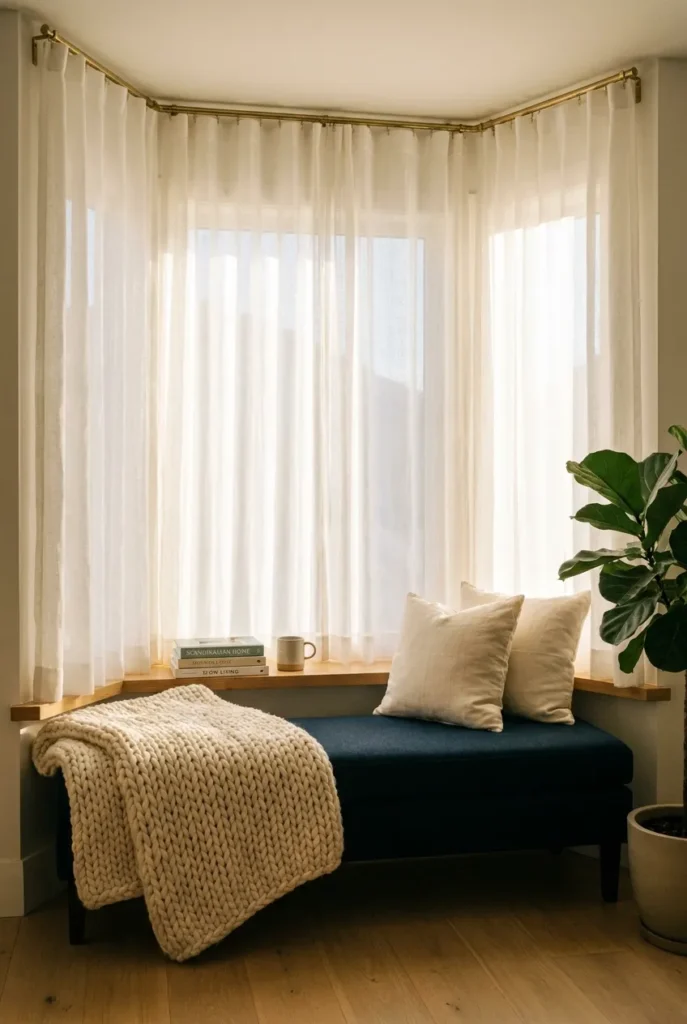 White sheer linen curtains on a bay window reading nook with navy bench and cream knit throw.