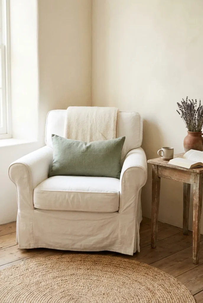 White slipcovered roll-arm accent chair styled cottagecore with sage pillow and wool throw.