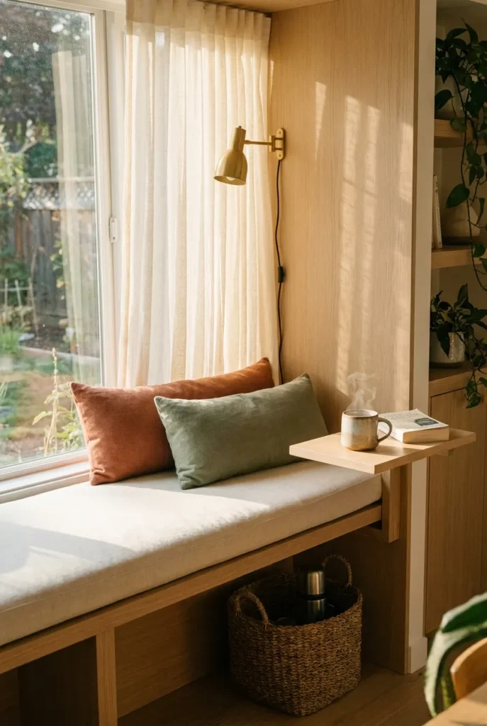 Window seat coffee corner with linen cushion, lumbar pillows, and wall shelf for mug and book.