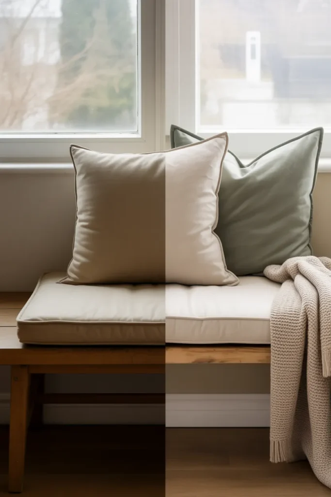 Window seat cushion before and after comparison showing thin vs thick foam thickness difference