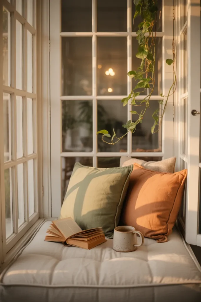 Window seat cushion fabric swatches comparing linen, bouclé, and outdoor acrylic for reading nook