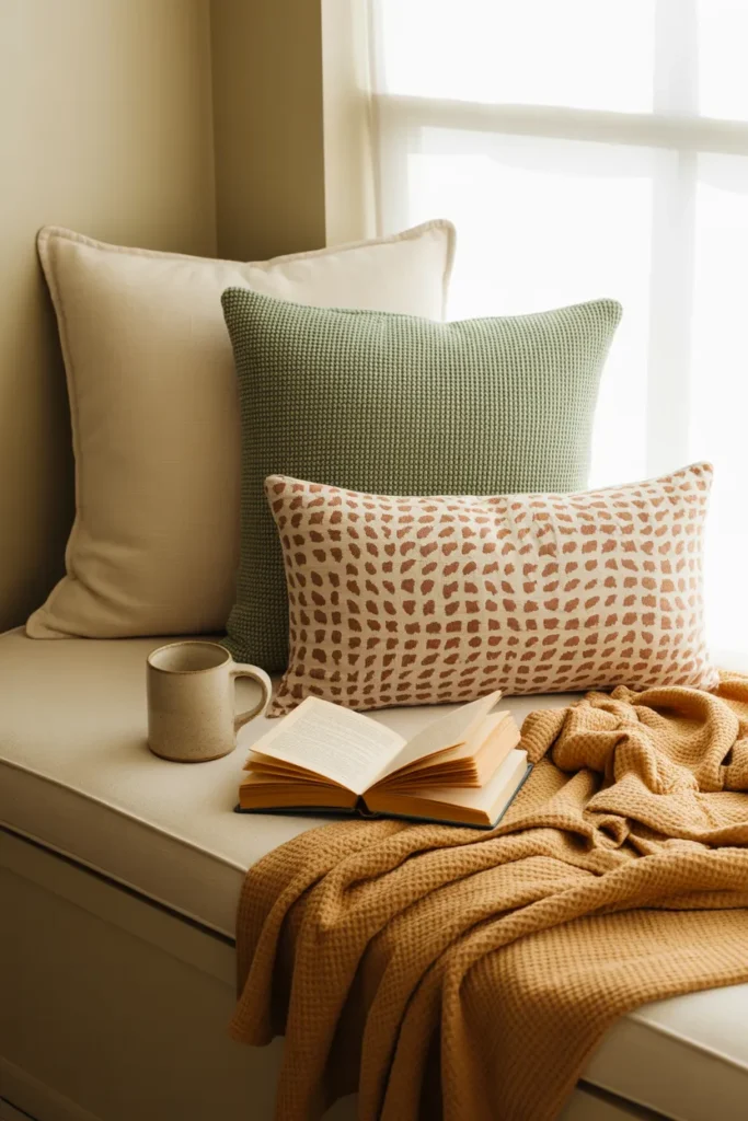Window seat cushions and pillows in cream sage and terracotta with linen knit textures for cozy nook