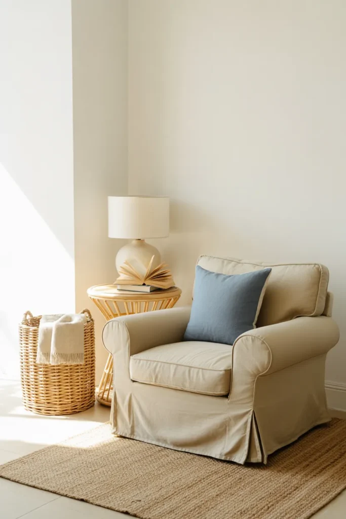 mall coastal reading nook with slipcovered linen armchair, jute rug, and rattan side table in a renter-friendly corner
