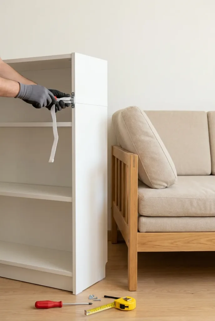 Anchoring a Billy bookcase with a wall strap during a reading nook build for safety.