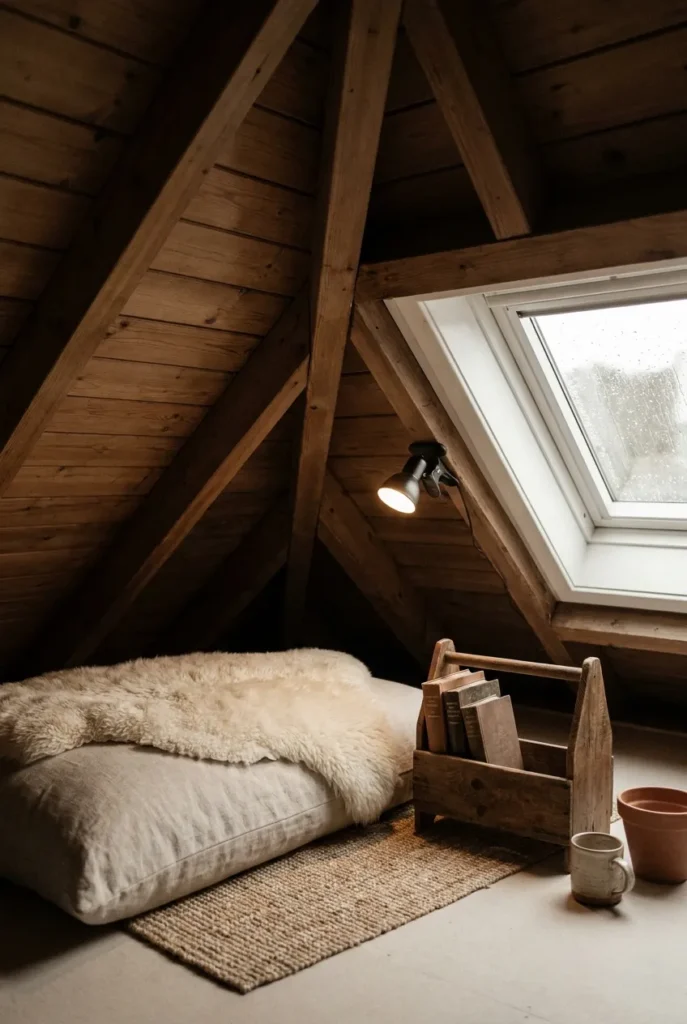 Attic eave tiny reading nook with linen floor pillow, sheepskin throw, jute rug, and clip-on reading light under sloped ceiling.