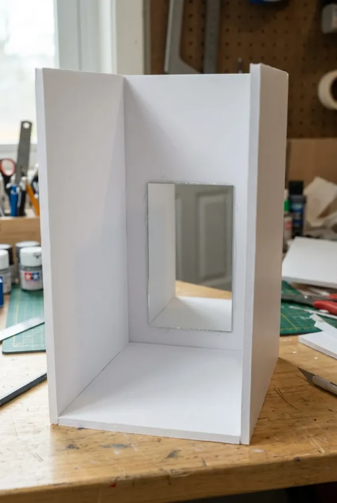 Bare book nook shell with a mirror on the back wall creating a false-depth corridor effect.