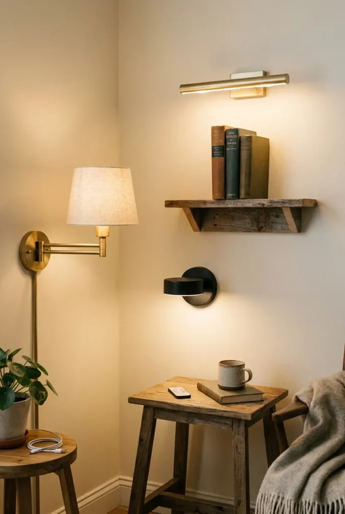 Battery-operated reading nook wall sconces swing-arm, puck, and picture light styles.