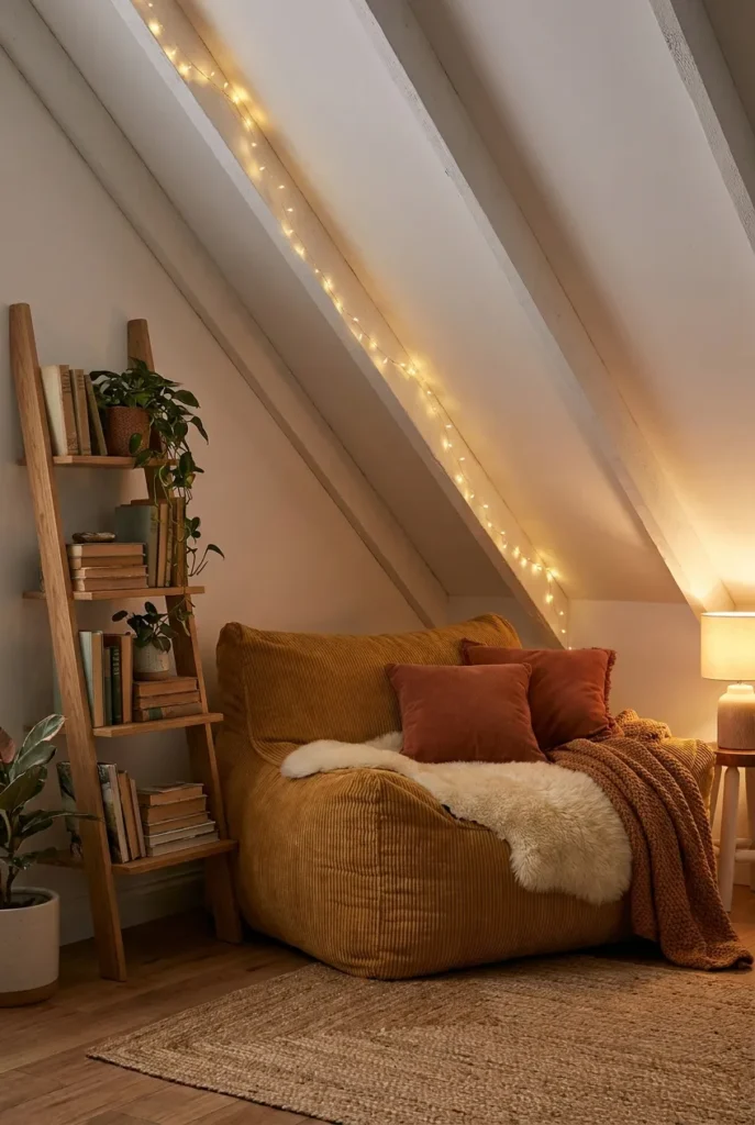 Beanbag loft reading nook under a sloped ceiling with a ladder bookshelf and fairy lights.