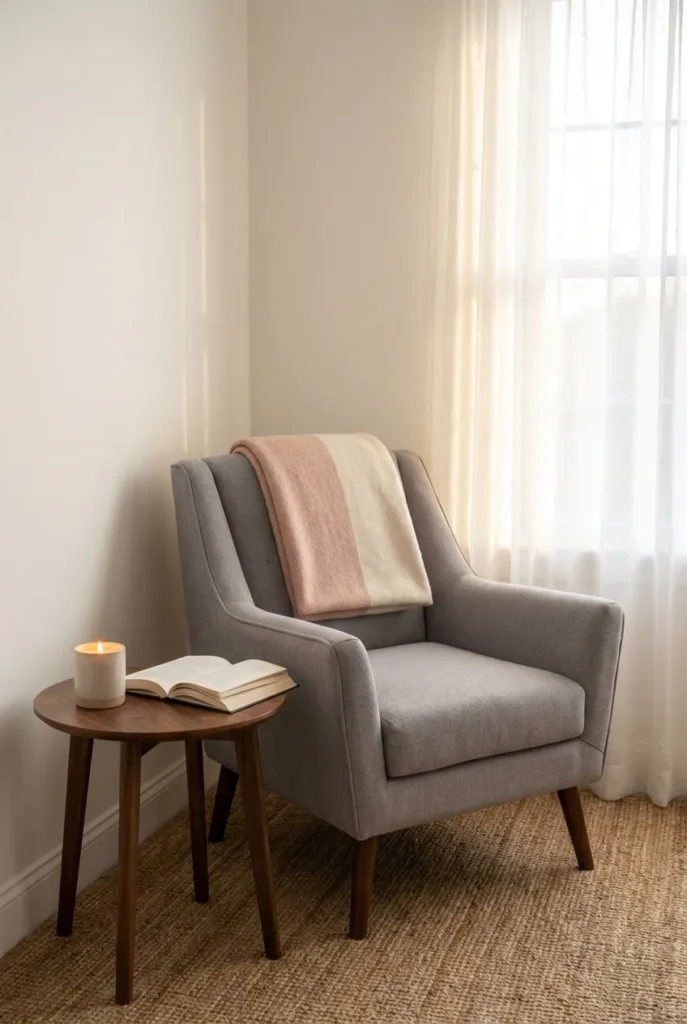 Bedroom book nook with an accent chair angled into a corner and a small walnut side table.