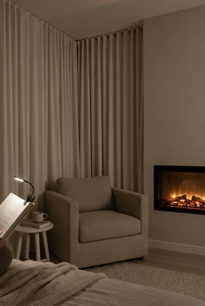 Bedroom fireplace reading nook with a compact armchair and a slim glowing electric insert.