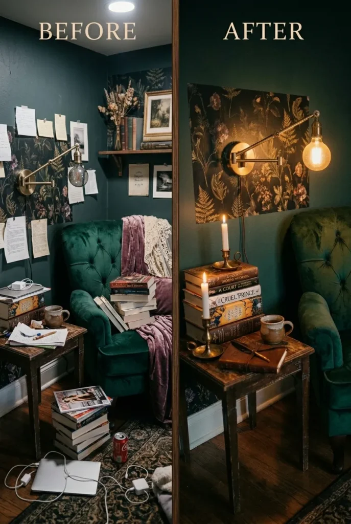 Before and after romantasy reading nook showing cool cluttered corner versus warm styled one.