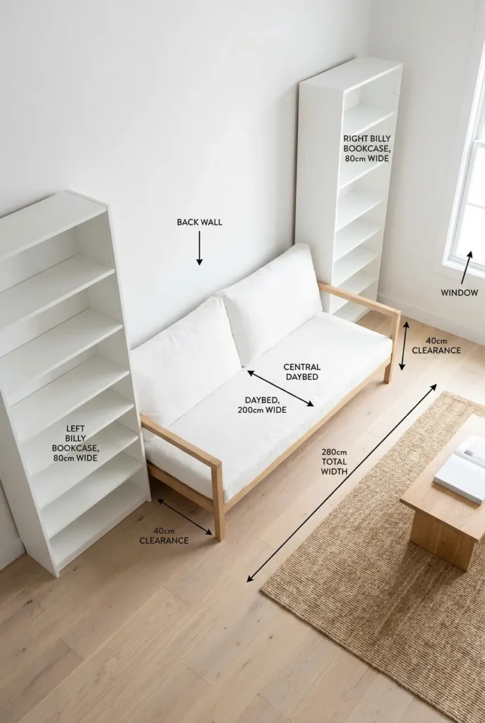 Billy bookcase reading nook layout showing two bookcases framing a central daybed.