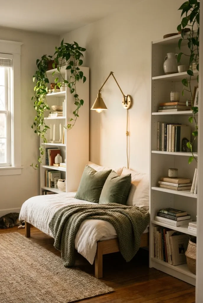 Billy bookcase reading nook with white shelves framing a daybed and warm sconce lighting.