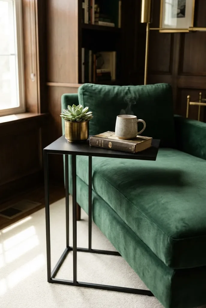 Black C-shape reading nook side table tucked under a green velvet chaise with a hardcover on top.