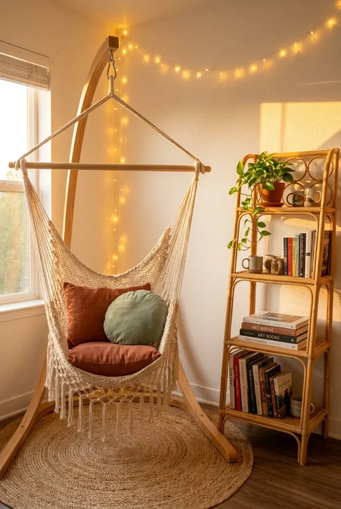 Boho hammock reading nook with macrame chair, rattan ladder shelf, jute rug, fairy lights, and terracotta and sage pillows in warm light.