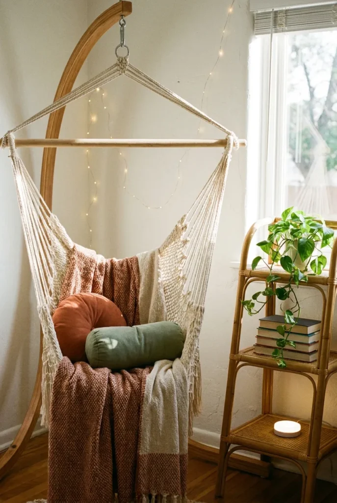 Boho indoor hammock reading nook with macrame chair, freestanding arc stand, linen throw, and fairy lights in warm afternoon light.