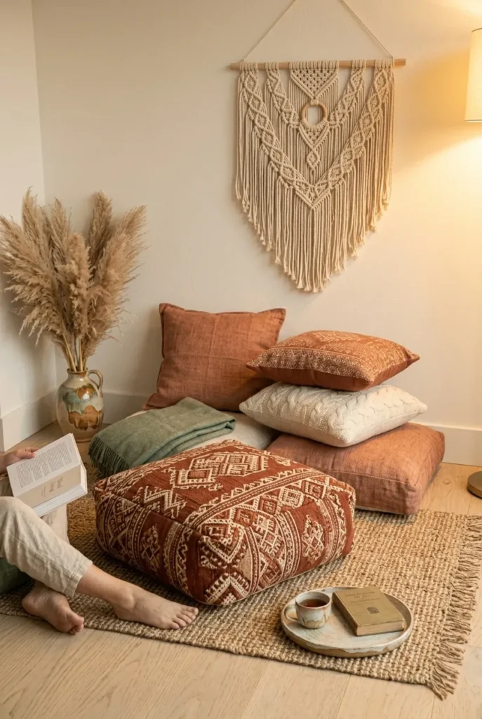Boho reading nook floor cushion setup with Moroccan pouf, stacked floor pillows, macramé wall hanging, and jute rug.