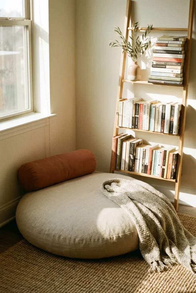 Boho tiny reading nook with round oat floor cushion, ladder shelf, jute rug, and warm afternoon light in renter apartment.