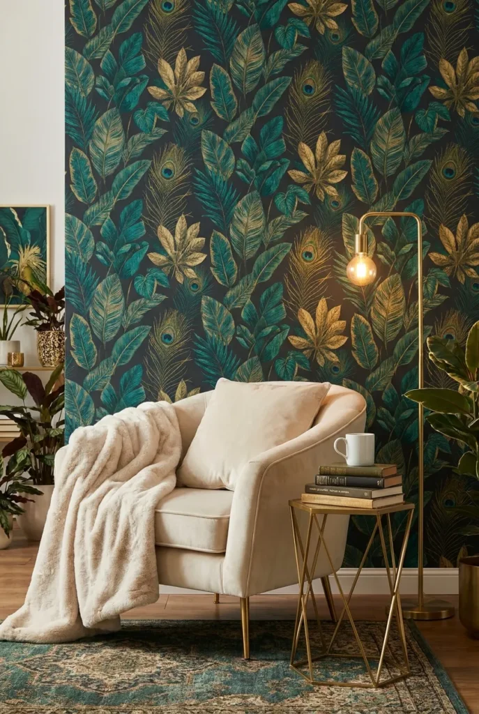 Bold reading nook with jewel tone teal botanical wallpaper, cream velvet armchair, and antique brass floor lamp.