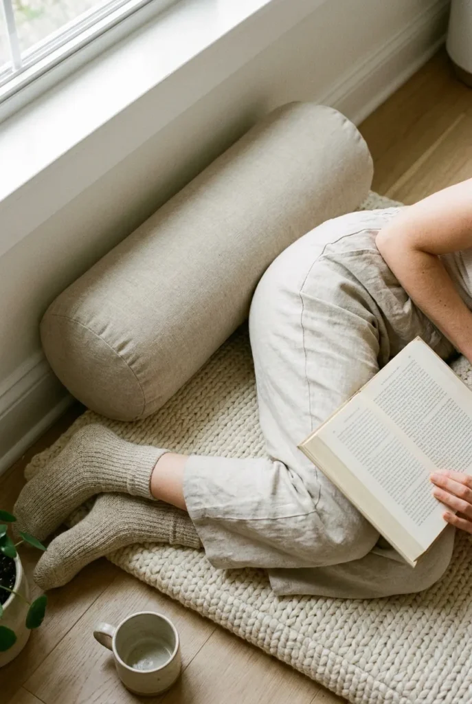 Bolster pillow against a wall giving back support in a floor reading nook.