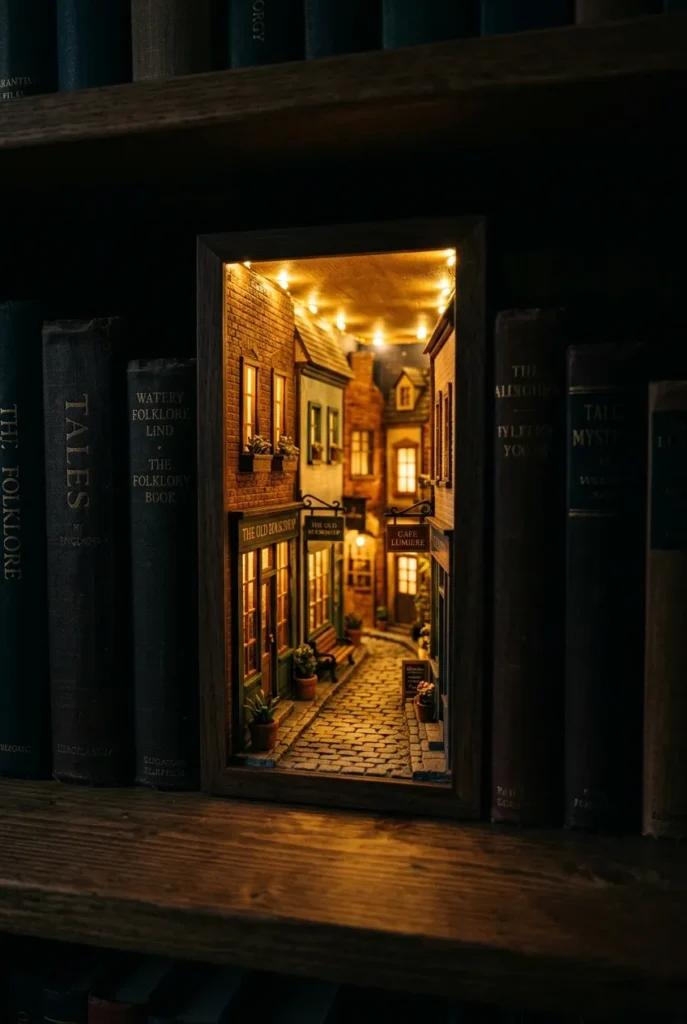 Book nook insert lit by hidden warm 2700K fairy lights glowing down a miniature alley at night.