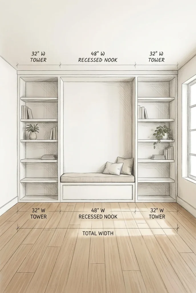 Bookcase wall around a reading nook layout with 48-inch alcove and flanking 32-inch towers, labeled dimensions.