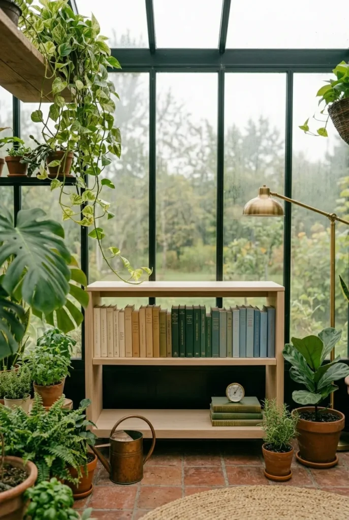 Bookshelf set back from greenhouse glass with a hygrometer to protect books from humidity in a reading nook.