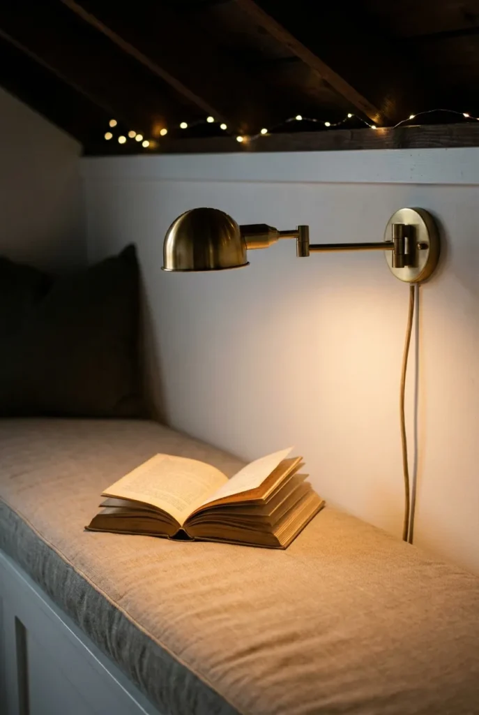 Brass plug-in swing-arm sconce at 44 inches on a white attic knee wall directing 2700K light onto an open book, with fairy lights along the rafter in a dark academia eaves nook.