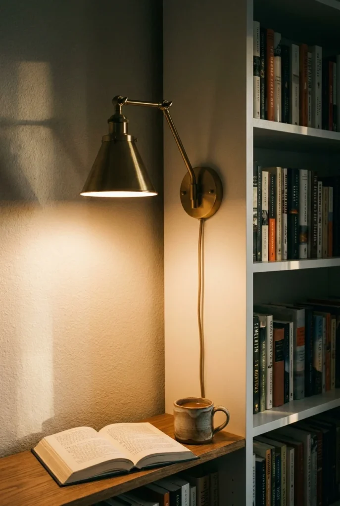 Brass plug-in swing-arm sconce on a white bookcase with a warm 2700K bulb lighting an open hardcover novel.