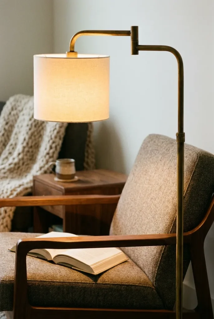 Brass swing-arm floor lamp over a walnut MCM armchair casting warm 2700K light onto an open book in a mid-century modern reading nook.