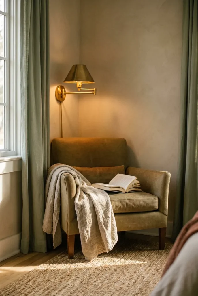 Brass swing-arm reading nook wall sconce glowing warm above a linen armchair at sunset.