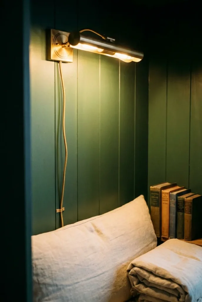 Brass swing-arm sconce lighting a wardrobe reading nook interior with warm 2700K bulb.