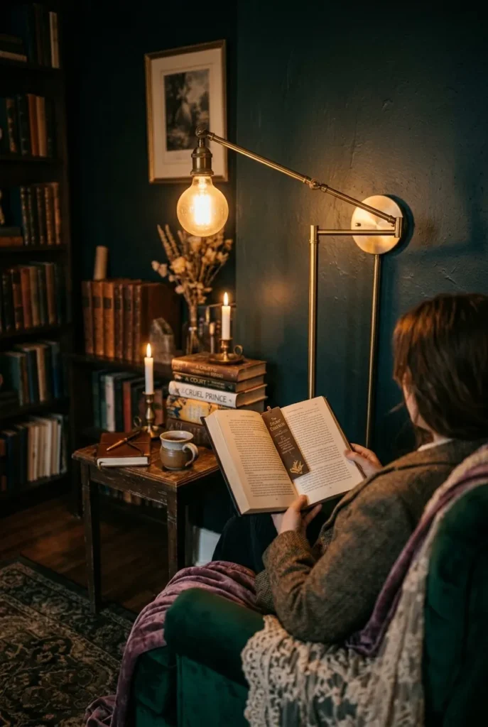 Brass swing-arm sconce with warm 2700K light over a velvet romantasy reading chair.