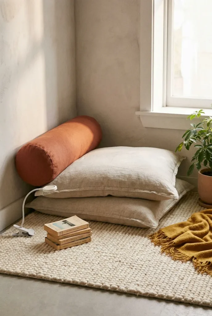 Budget floor-cushion book nook with oversized pillows, a bolster, and a washable rug in a corner.