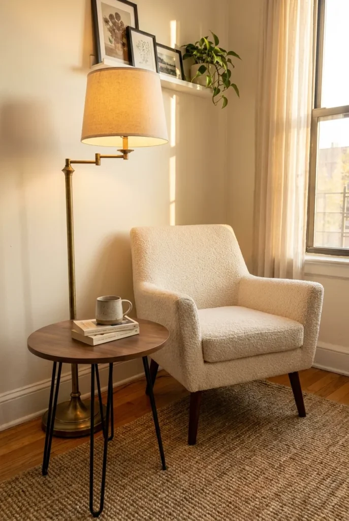 Budget mid-century modern reading nook with cream boucle accent chair, brass floor lamp, and round walnut side table for around $415.
