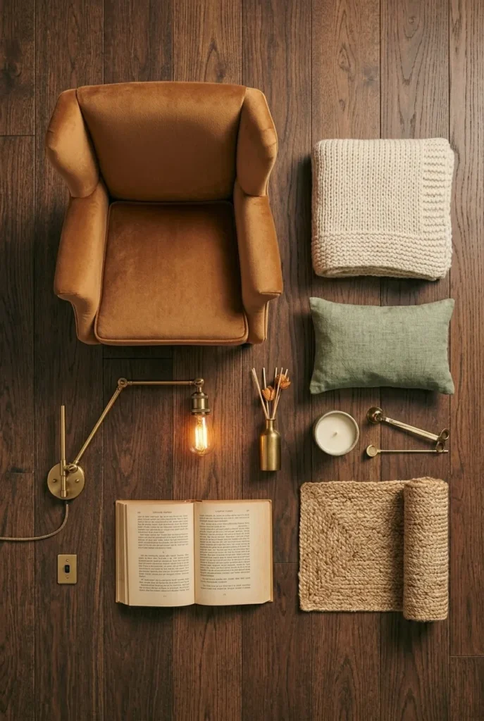 Budget reading nook without a window chair, sconce, throw, pillow, rug, candle.