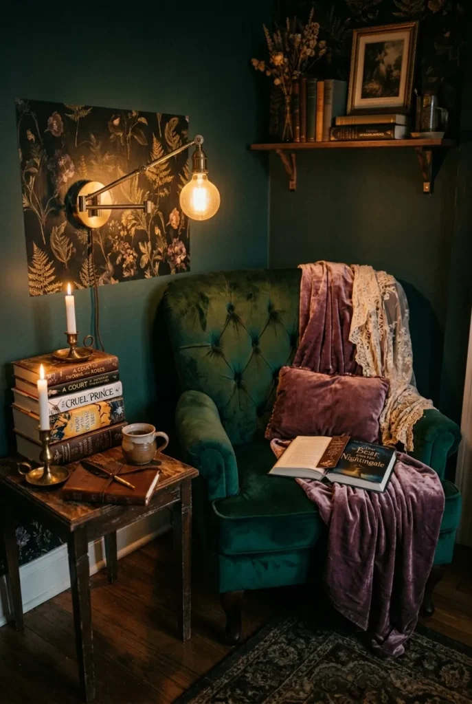 Budget romantasy reading nook with secondhand velvet chair, plug-in sconce, and botanical wall panel.