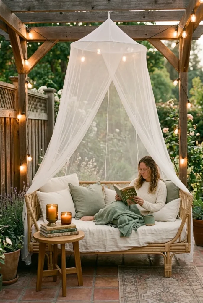 Bug-free patio reading nook with white canopy mosquito net over daybed, citronella candles, and string lights overhead.
