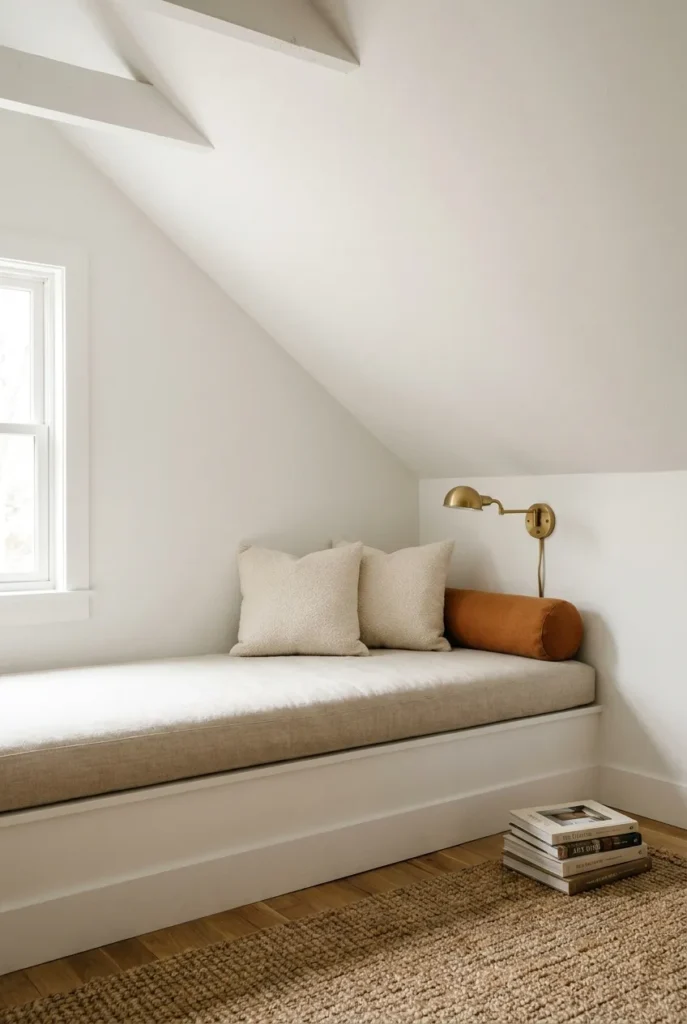 Built-in bench seat under attic eaves with oatmeal linen cushion, cream boucle pillows, rust lumbar bolster, and brass plug-in sconce in a white hygge reading nook.