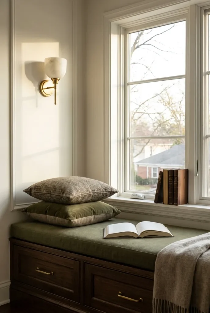 Built-in reading nook with two hardwired alabaster wall sconces flanking a window seat bench.