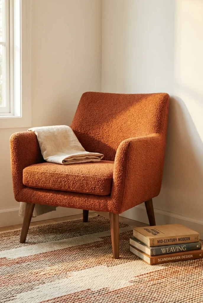 Burnt orange boucle accent chair with walnut tapered legs in a cozy mid-century modern reading nook, with afternoon light on the fabric.