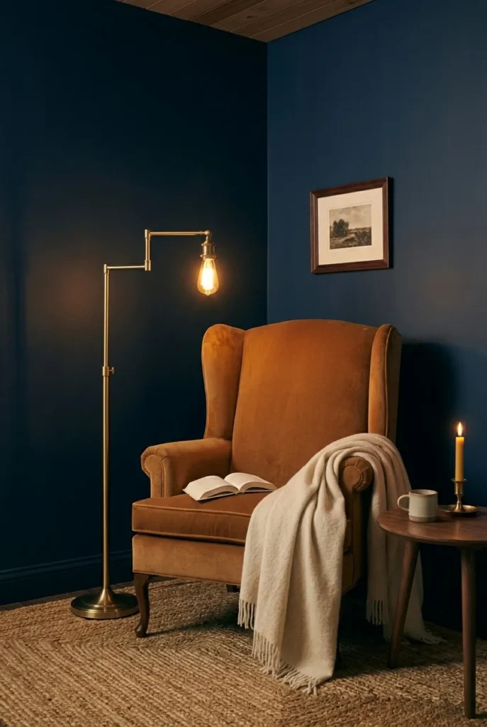 Caramel wingback armchair with brass swing-arm lamp anchoring a windowless reading nook.