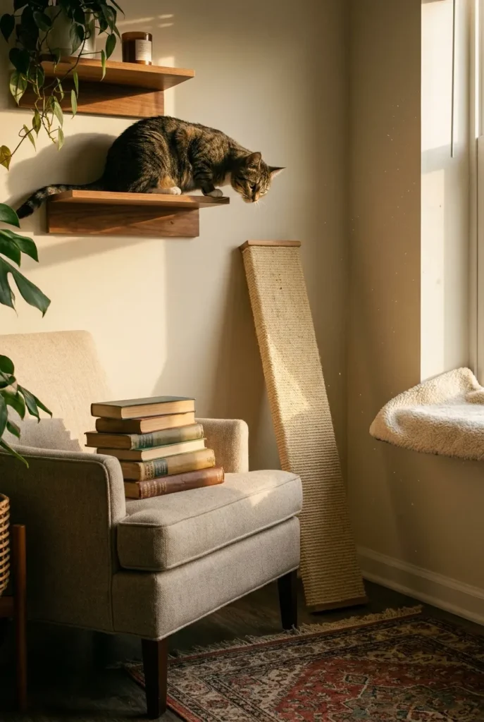 Cat perched on a high wall shelf above a reading nook chair with a sisal scratching post nearby.