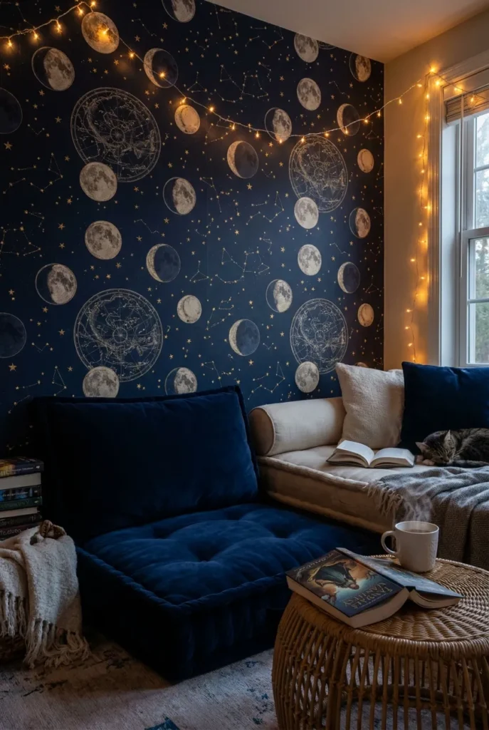 Celestial reading nook with moon phase constellation wallpaper, navy velvet floor cushion, and warm amber fairy lights.