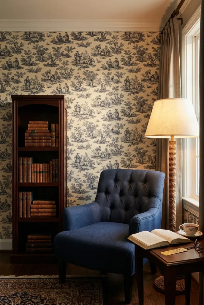 Classic book nook with vintage toile wallpaper in navy and cream, tufted armchair, and dark wood bookshelf backdrop.