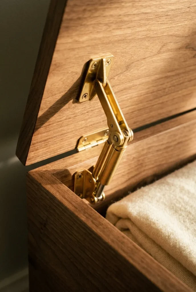 Close-up of a soft-close hinge holding a reading nook storage bench lid safely open.