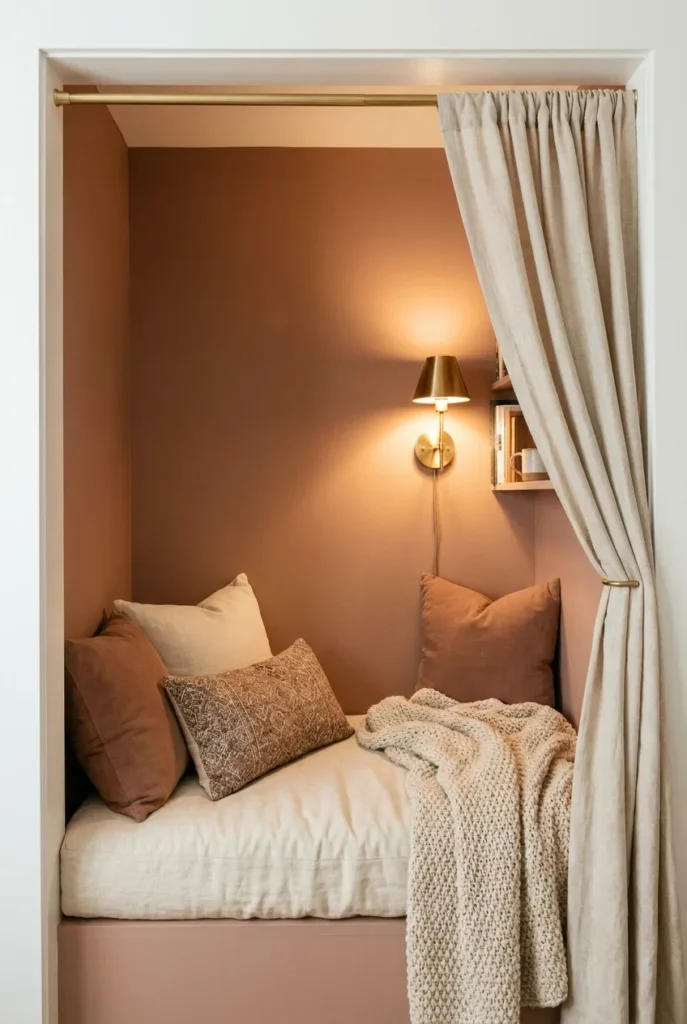 Closet converted into a cozy reading nook with a cushioned bench, sconce, and curtain.