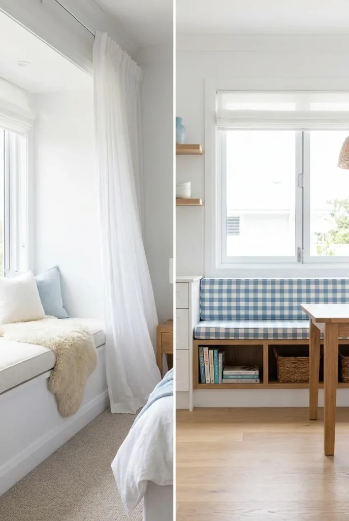 Coastal bedroom window seat with sheepskin throw beside a coastal kitchen window seat banquette.
