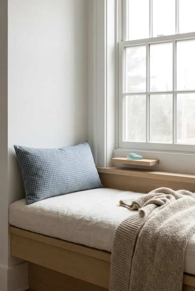 Coastal window seat decor in a three-color palette of warm white, soft blue, and sand.