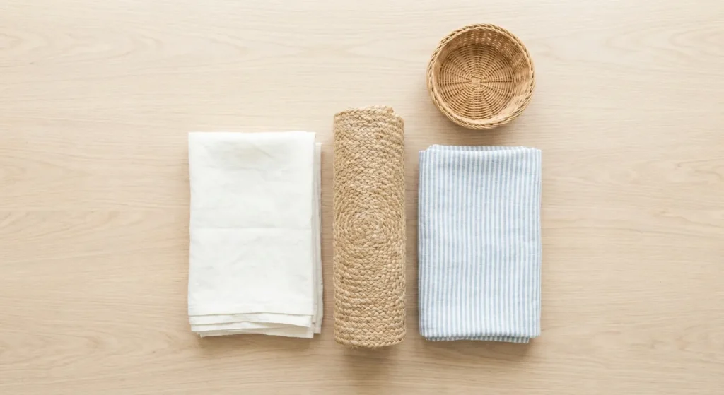 Coastal window seat decor textures white linen, jute rug, and blue striped throw on oak.